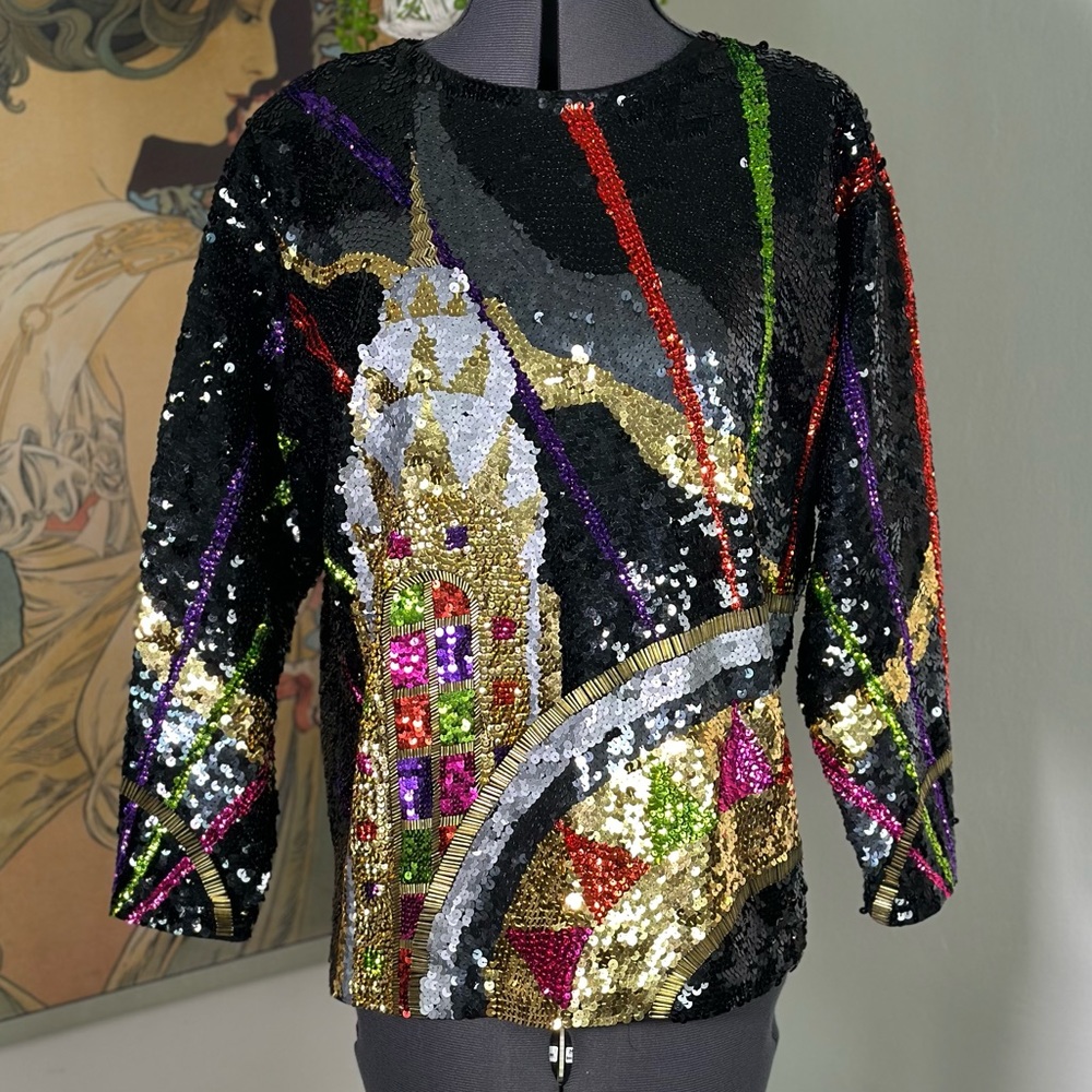 Women’s 80s Vintage New York Chrysler Building Sequins Long Sleeve Blouse Medium